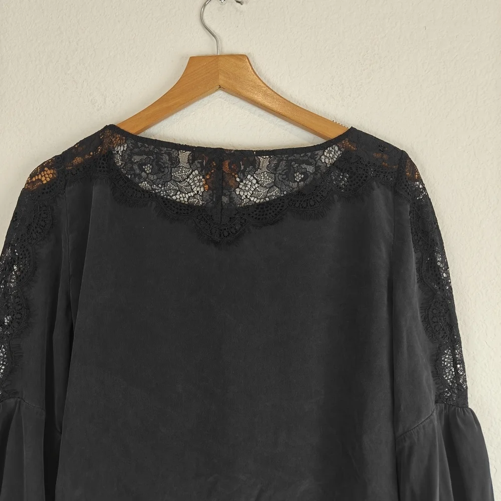 Tory Burch Black Silk Lantern Sleeve Blouse | Lace Neckline Romantic Boho Top 6